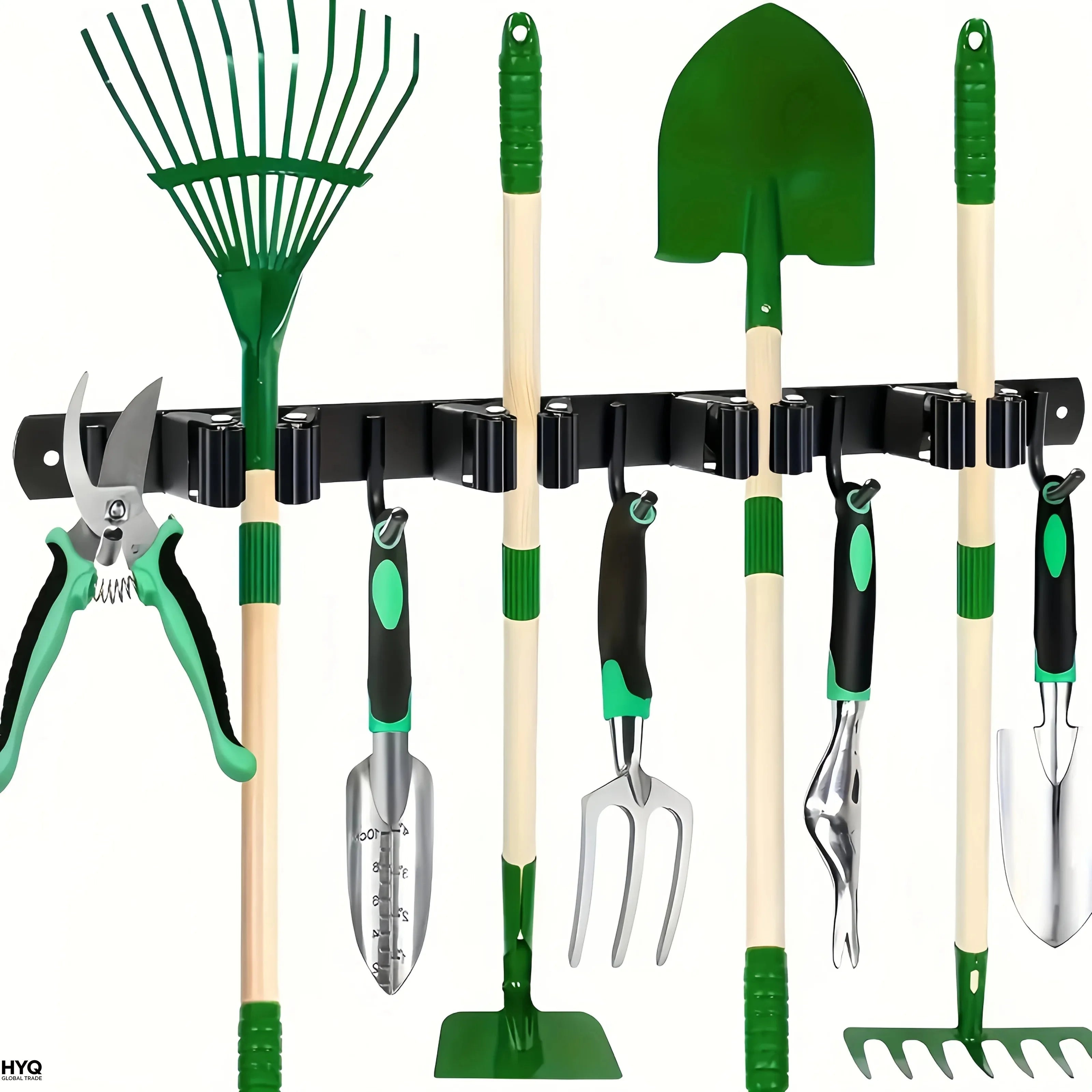 Wall-mounted black metal tool rack with four tool slots and five hooks holding assorted garden tools