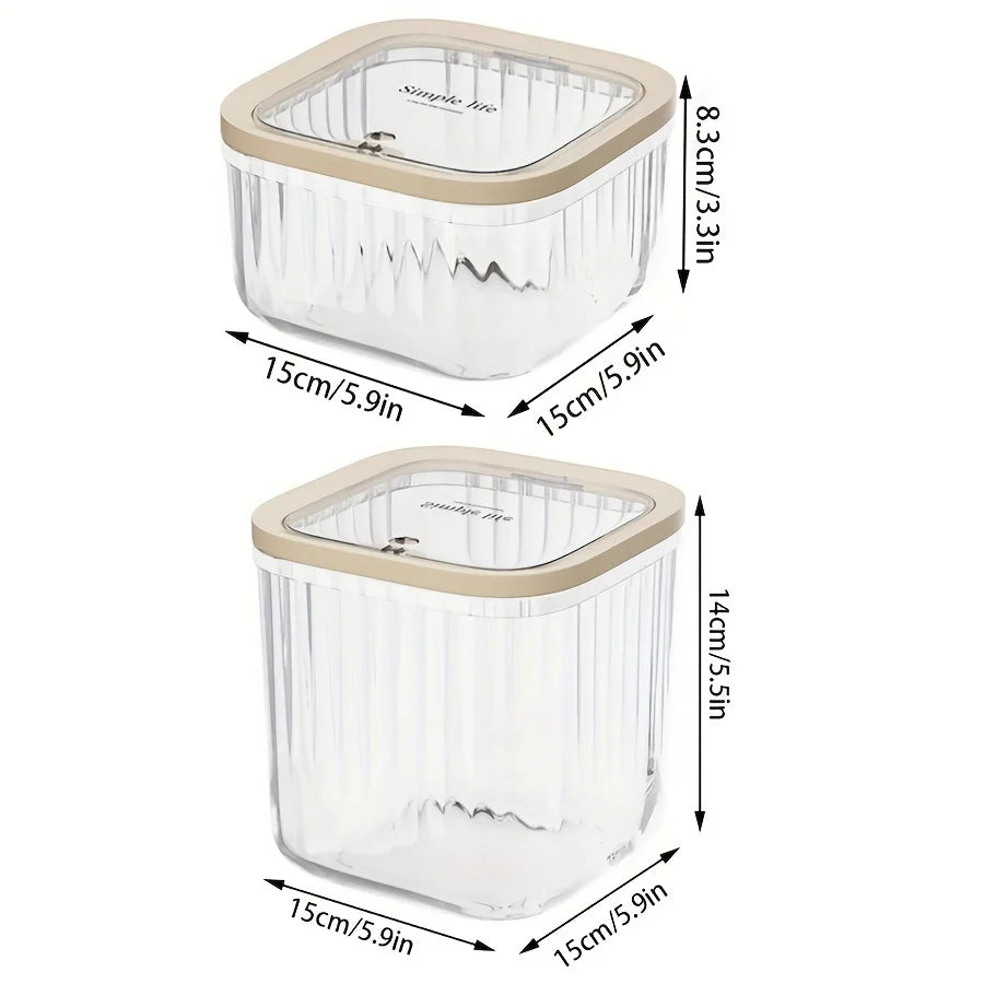 Side-by-side sizes of square clear laundry capsule containers with dimensions listed