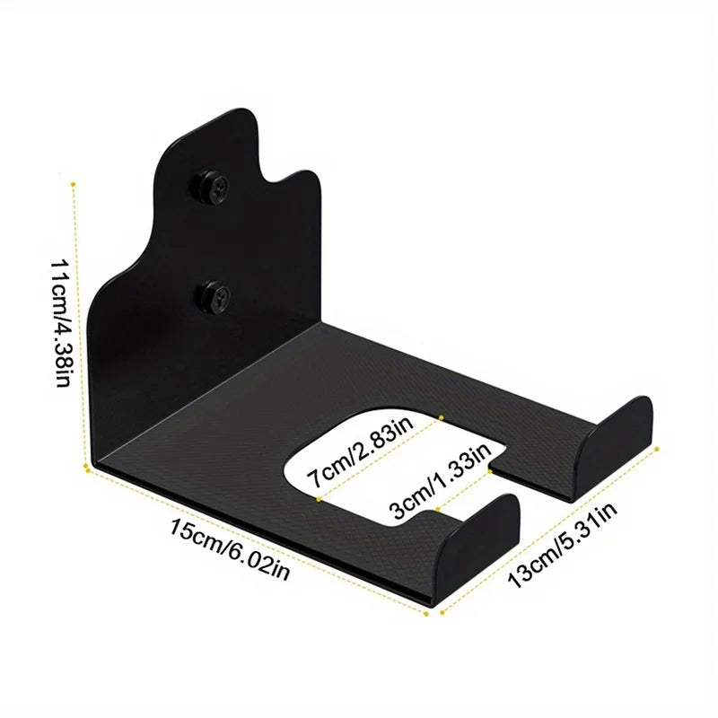 Black cast iron wall tool holder with measurement dimensions labeled