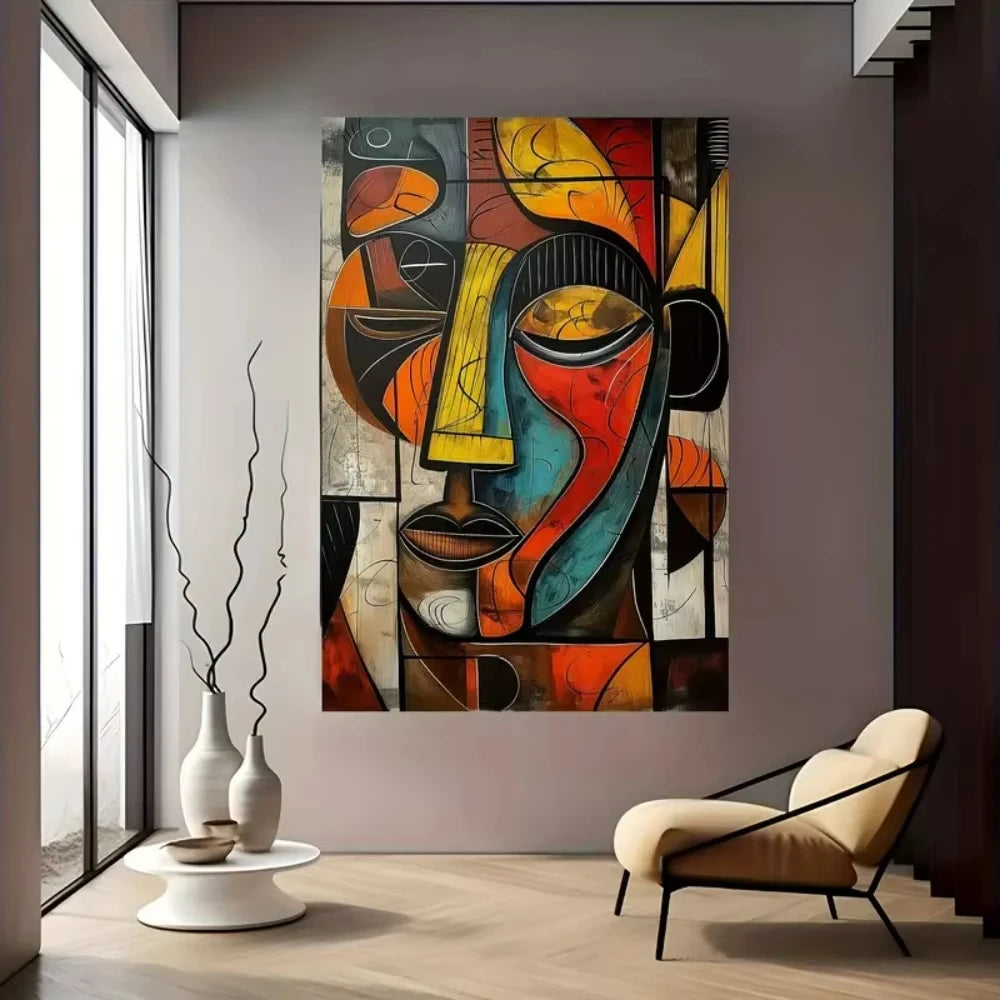 Modern living room with large colorful abstract face tapestry wall hanging