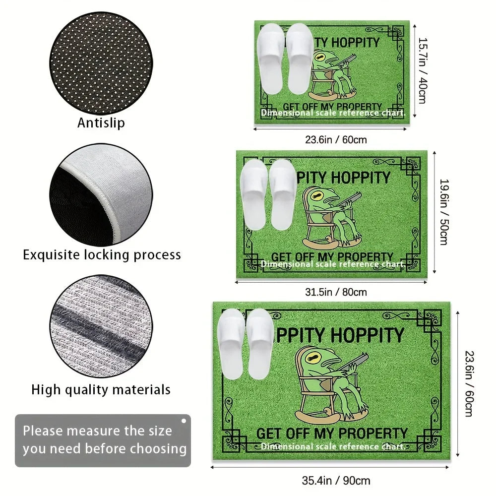 Three size options of frog doormat with close-ups of material and backing