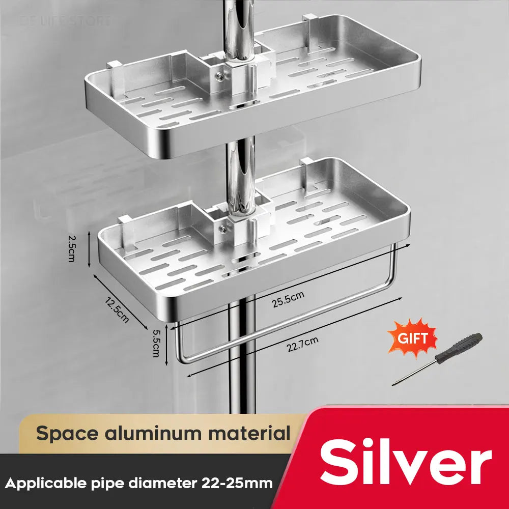 Adjustable Aluminum Shower Caddy with Towel Bar for Round Shower Poles
