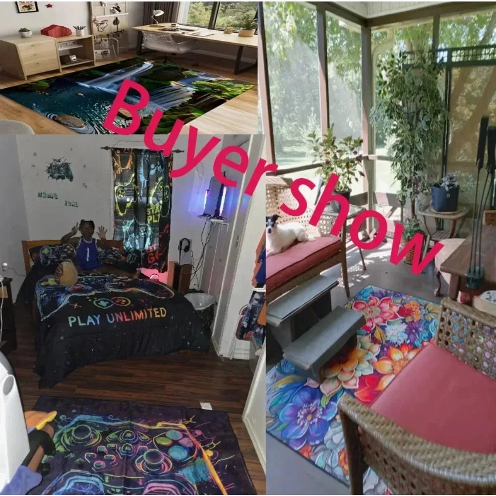 Buyers' show collage with various colorful patterned rugs placed in bedroom, living area, and sunroom