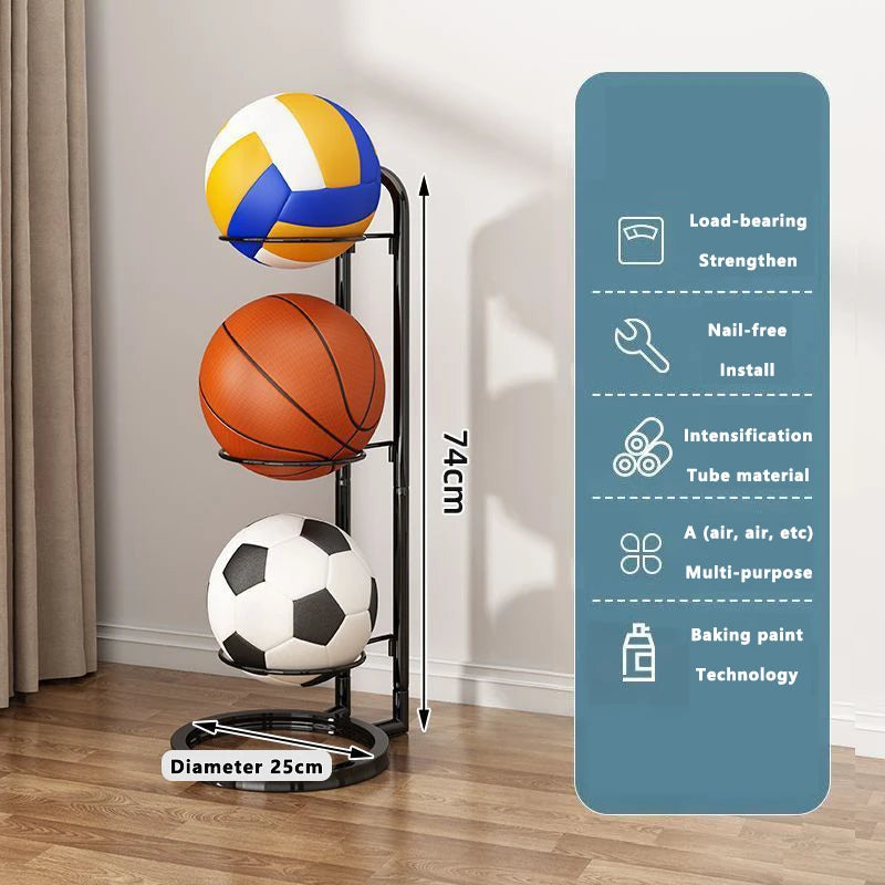 Freestanding Multi-Layer Ball Storage Rack for Basketball, Soccer & Volleyball – Black or White Carbon Steel Organizer for Bedroom