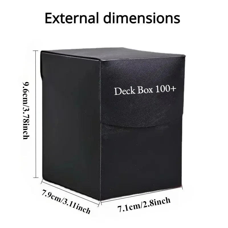 Black card deck box with external dimensions labeled in centimeters and inches