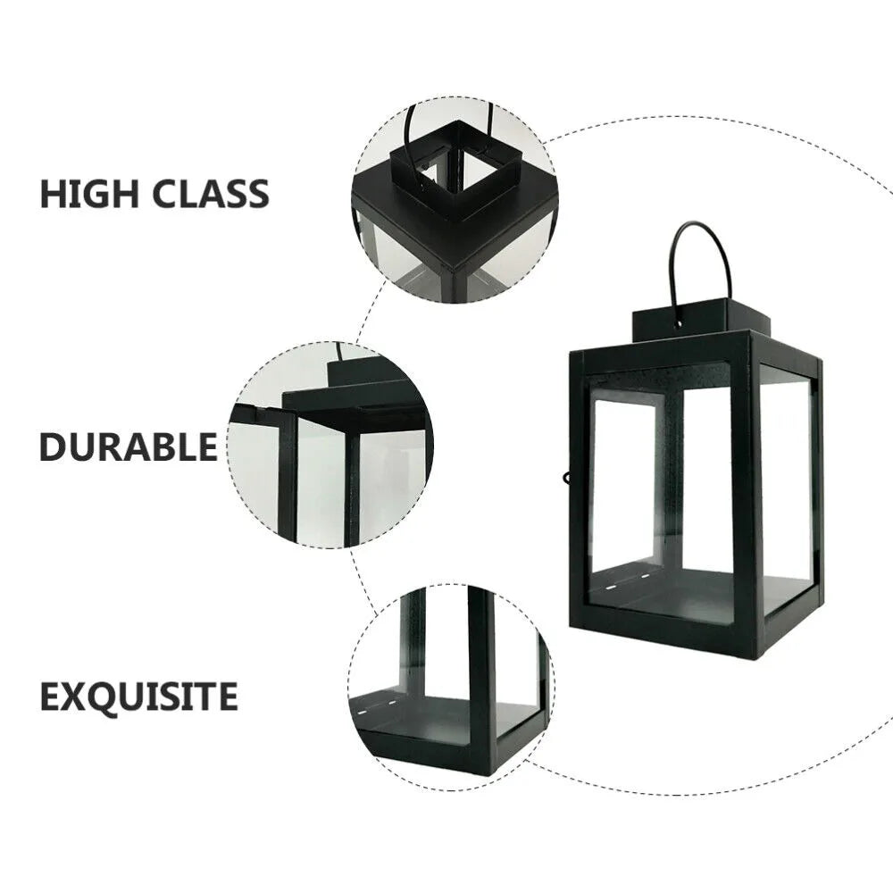 Close-up detail of black iron lantern with labeled features