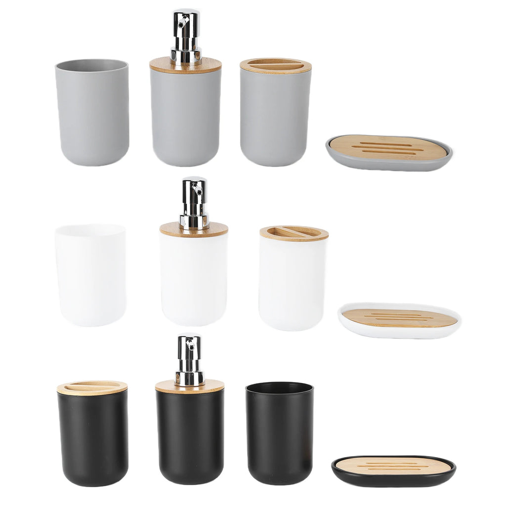 4-piece bathroom accessory set in grey, white, and black with bamboo accents, displayed by color group with soap dispenser, toothbrush holder, tumbler, and soap dish