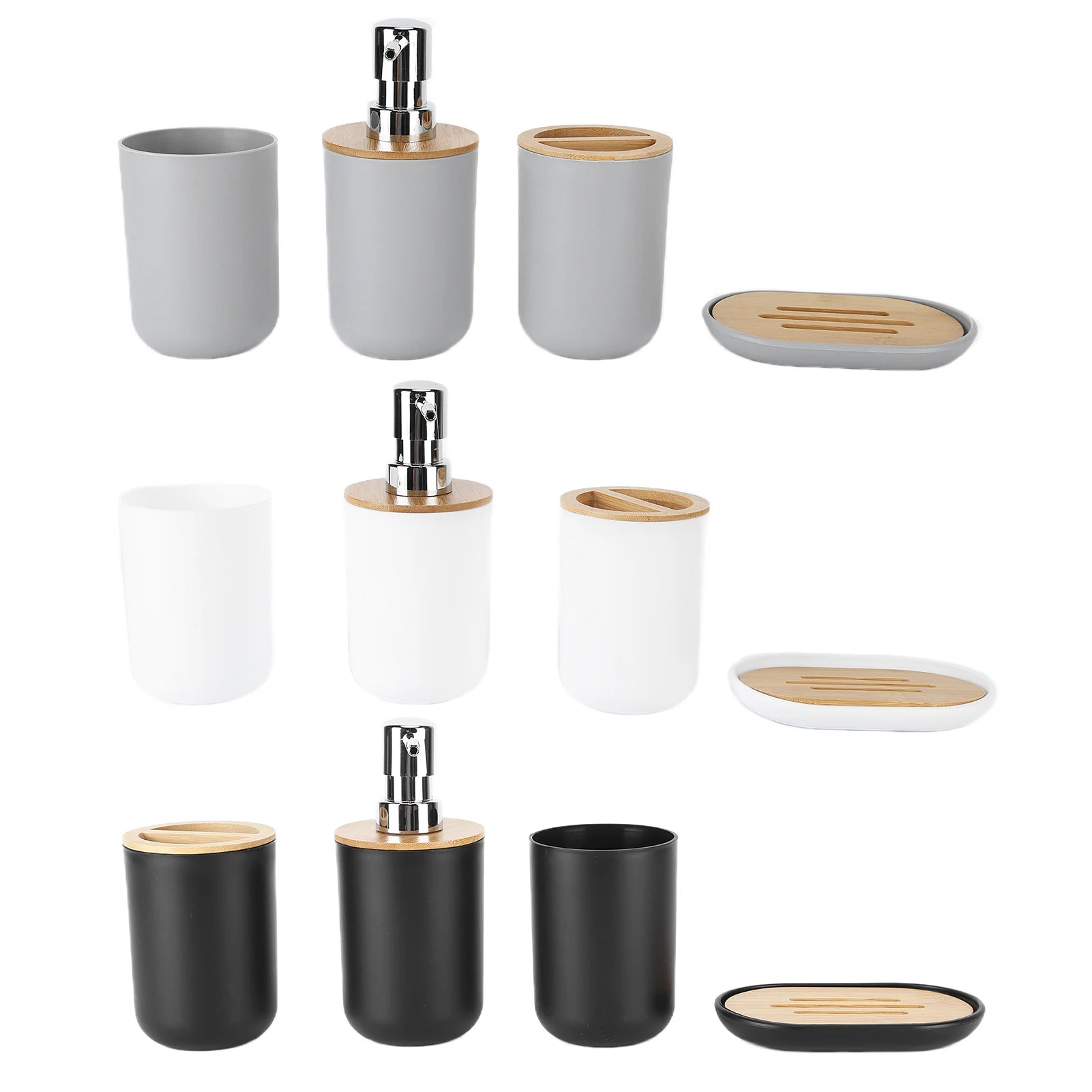 4-piece bathroom accessory set in grey, white, and black with bamboo accents, displayed by color group with soap dispenser, toothbrush holder, tumbler, and soap dish