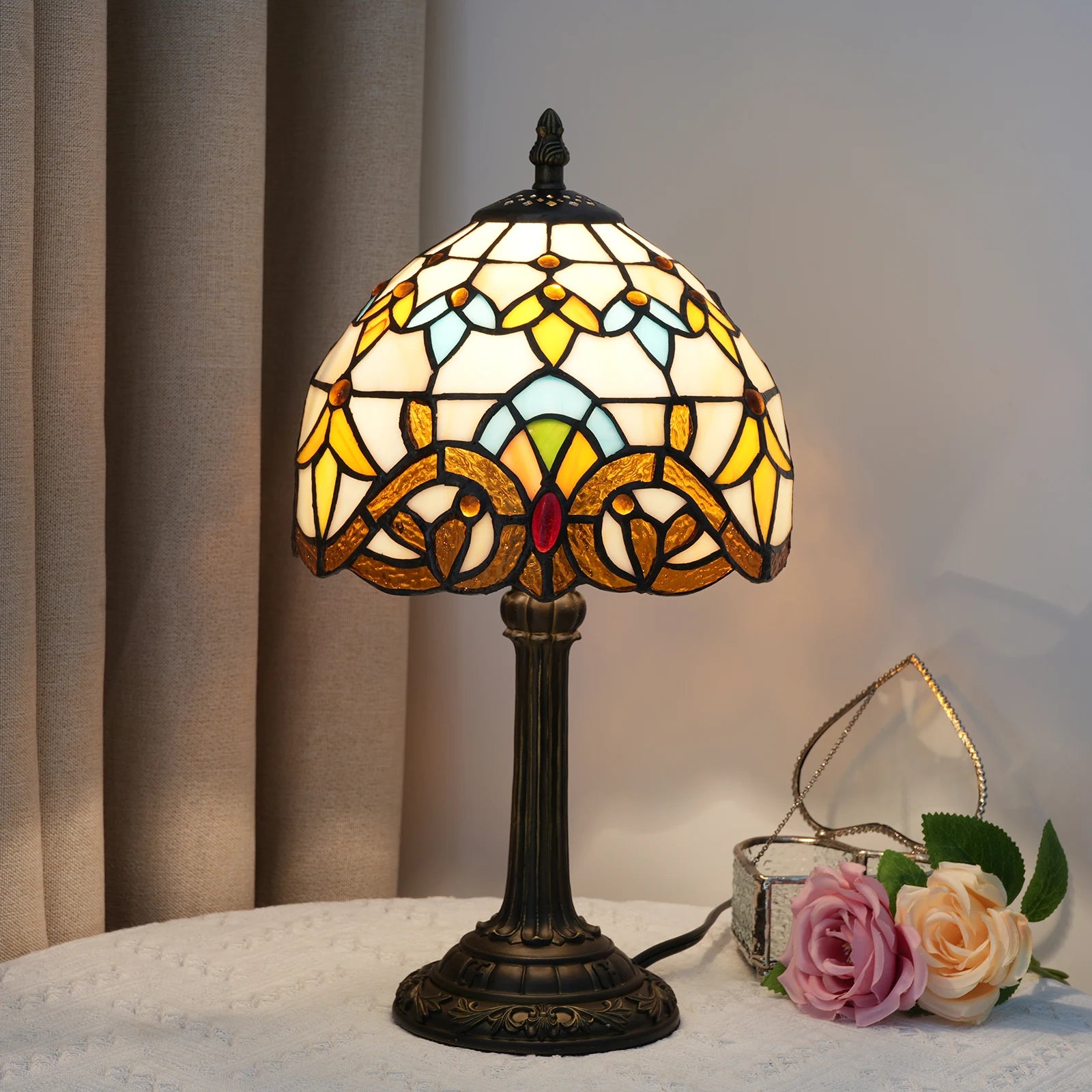 Eliot Stained Glass Table Lamp with Baroque Pattern Shade