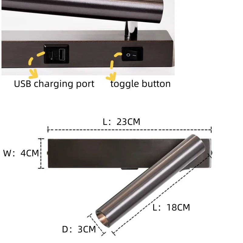 Ryde Minimalist Rotating Wall Reading Light with USB, Bedroom & Living Room