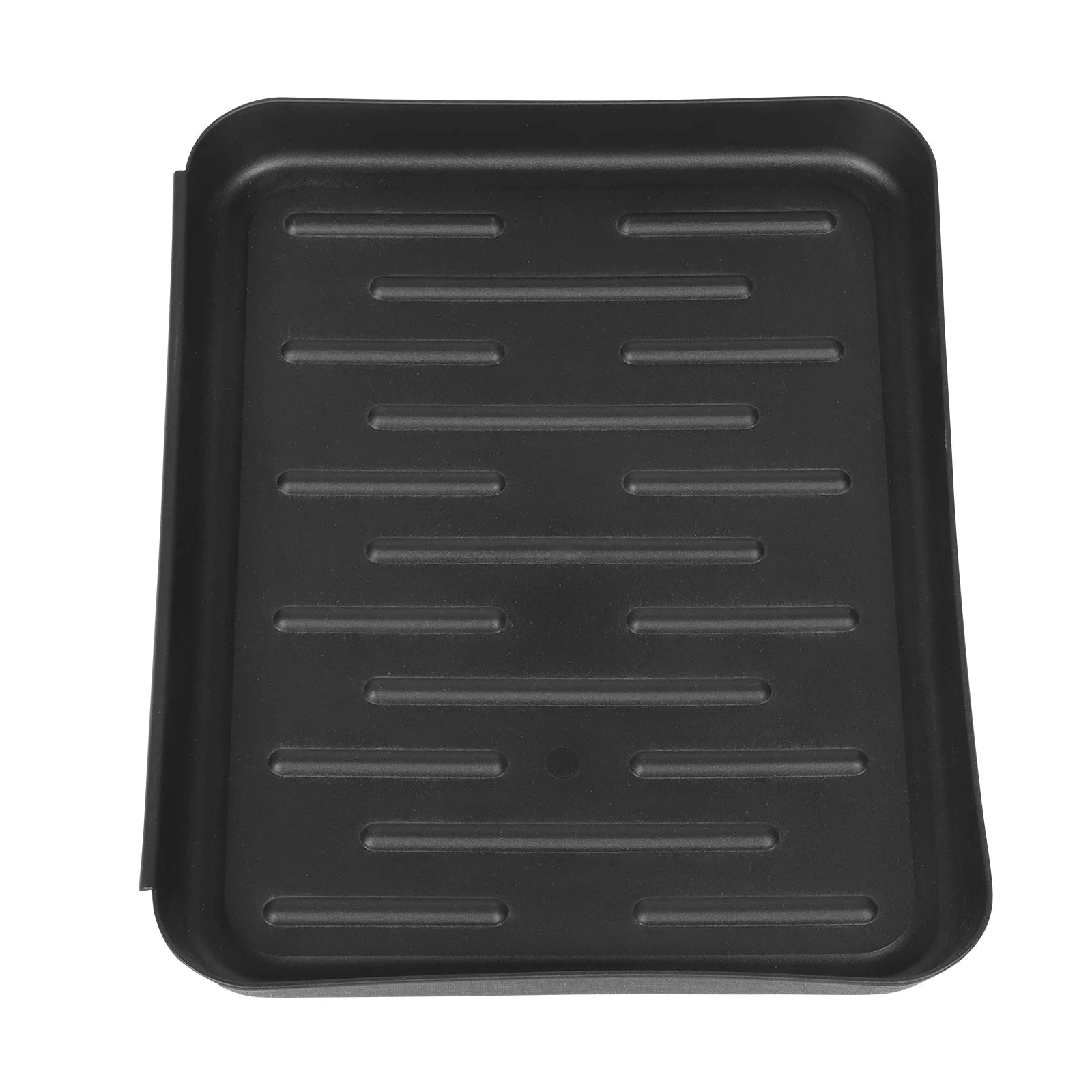 Black plastic boot tray viewed from the side, displaying its low-rim design