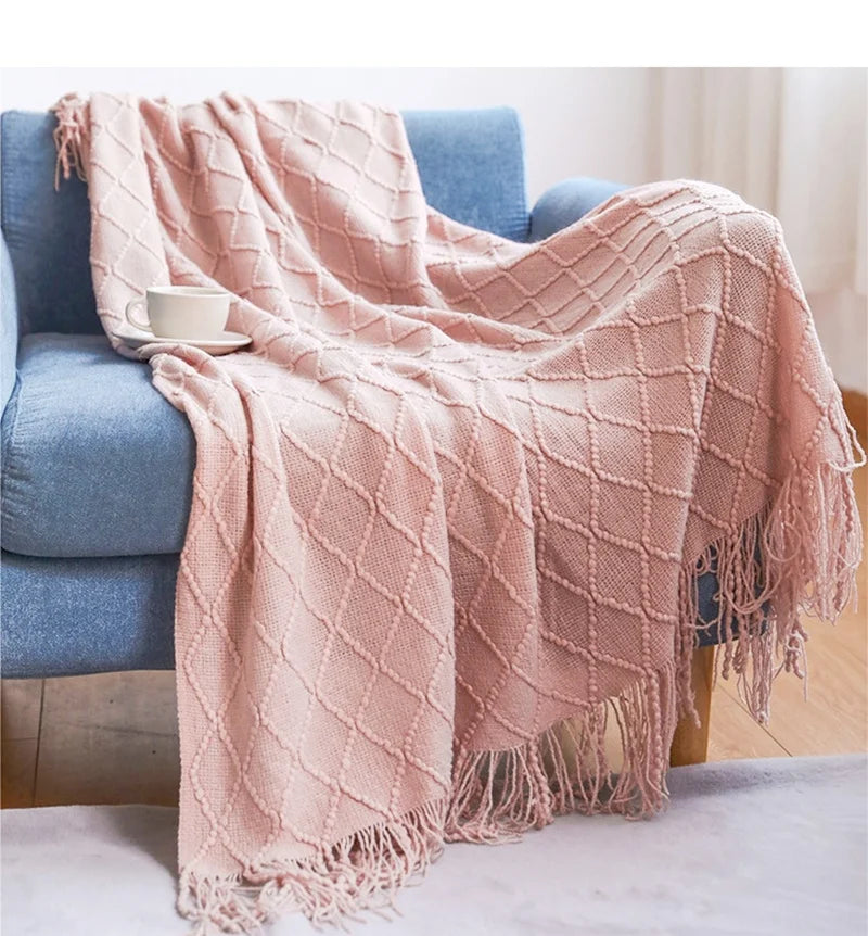 Nordic Knit Acrylic Throw Blanket with Tassels for Bed, Sofa, and Cozy Winter Decor