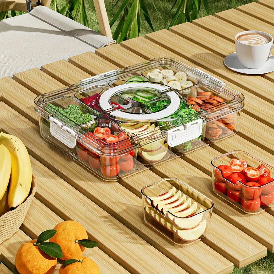 Clear compartment serving tray with food, set on a wooden outdoor table next to fruit and coffee