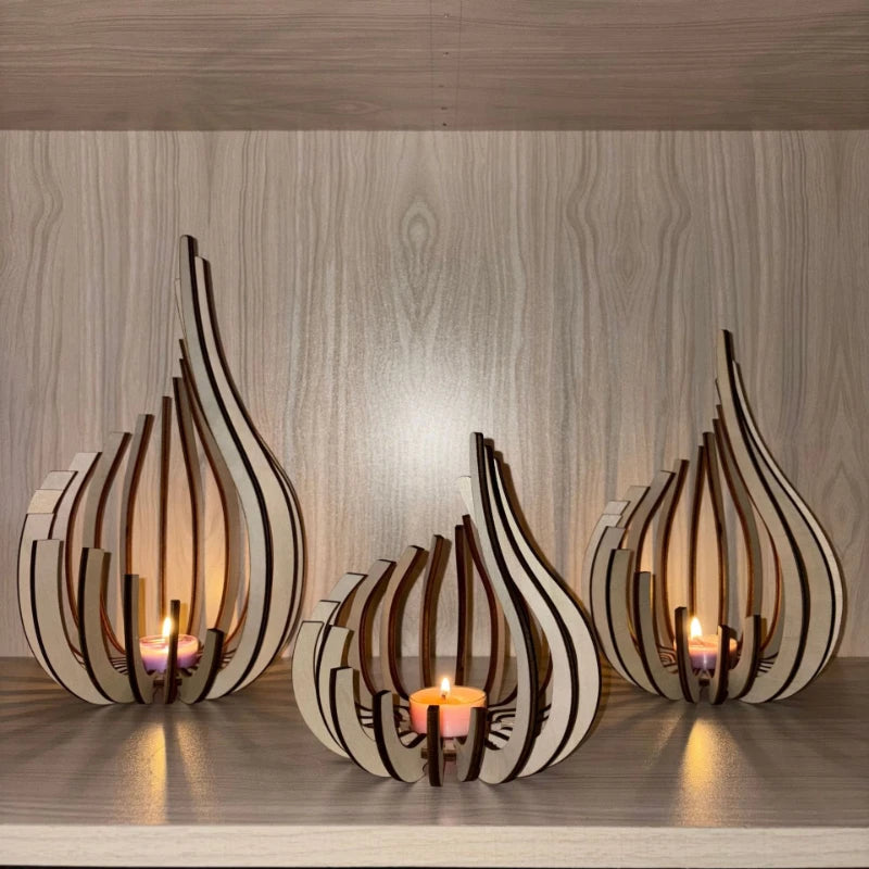 Juniper Flame-Shaped Wooden Candle Holders – Set of 3 or Singles for Cozy Home Decor
