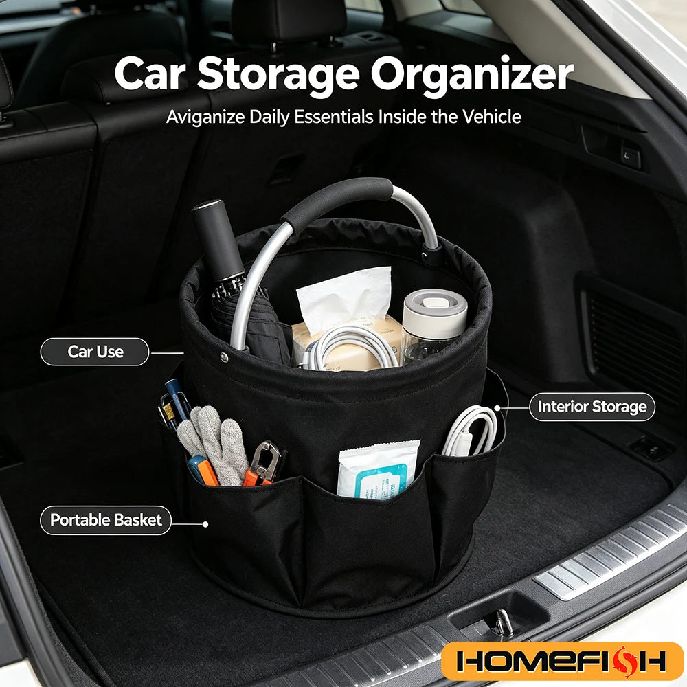 Black folding basket used for organizing car trunk essentials and tools