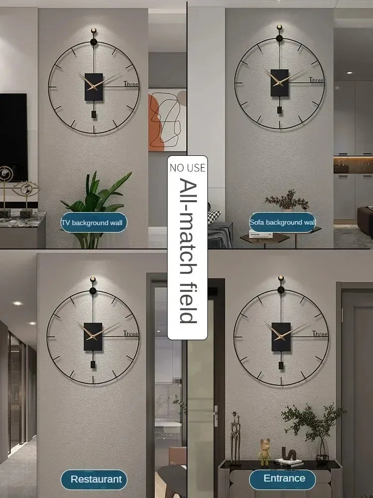 Collage showing geometric metal wall clock in TV area, sofa background, restaurant, and entryway settings