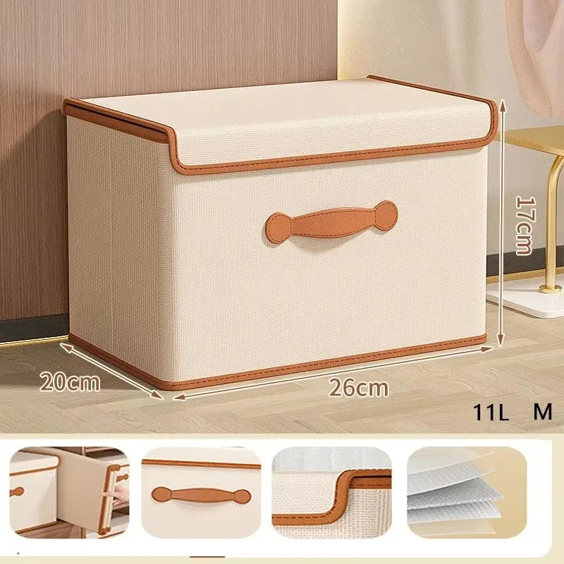 Beige Foldable Lidded Clothes Storage Box – Non-Woven Closet Organizer Bin for Wardrobe, Underwear, and Blankets