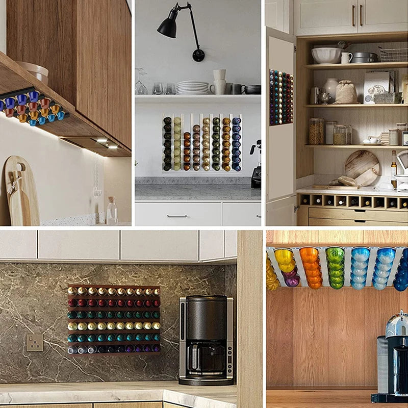 Slim Coffee Pod Holder Strips – Set of 6 Space-Saving Capsule Organizers for Kitchen Wall or Cabinet, Black or White