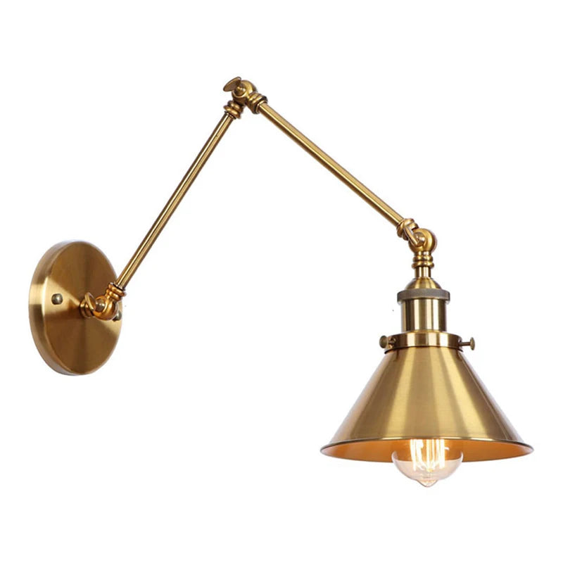 Brushed brass adjustable wall sconce with conical shade
