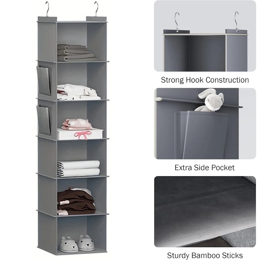 Foldable 6-Shelf Hanging Closet Organizer with Side Pockets – Light Grey