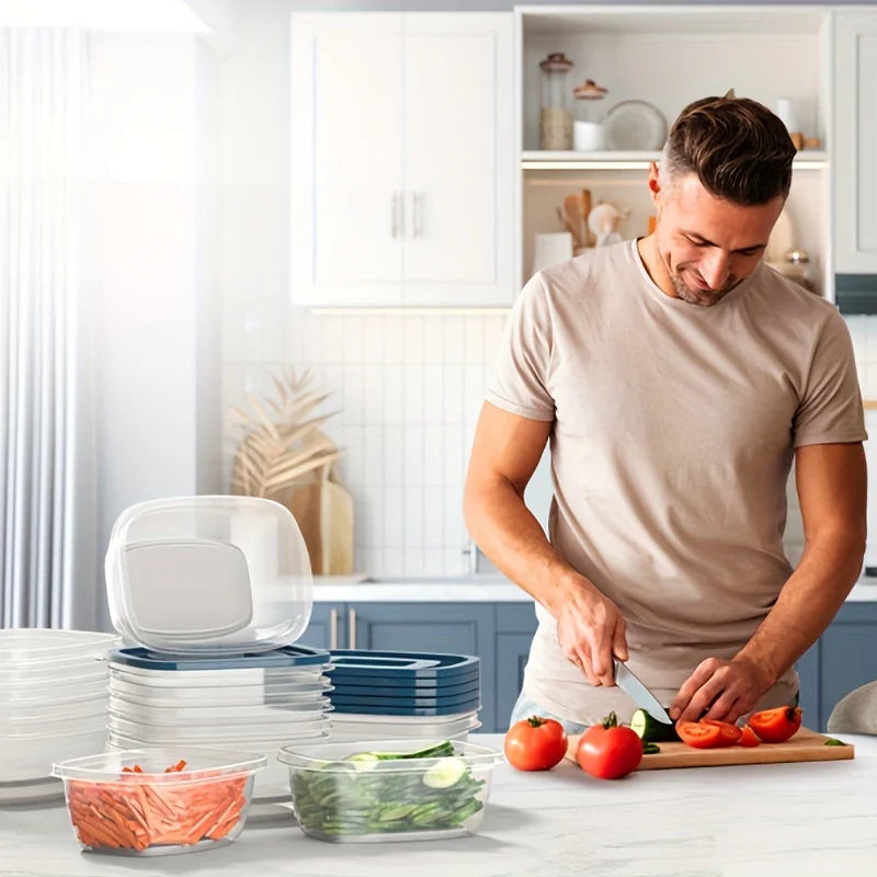 Kitchen scene with person chopping vegetables and stacked blue-lidded food containers on counter