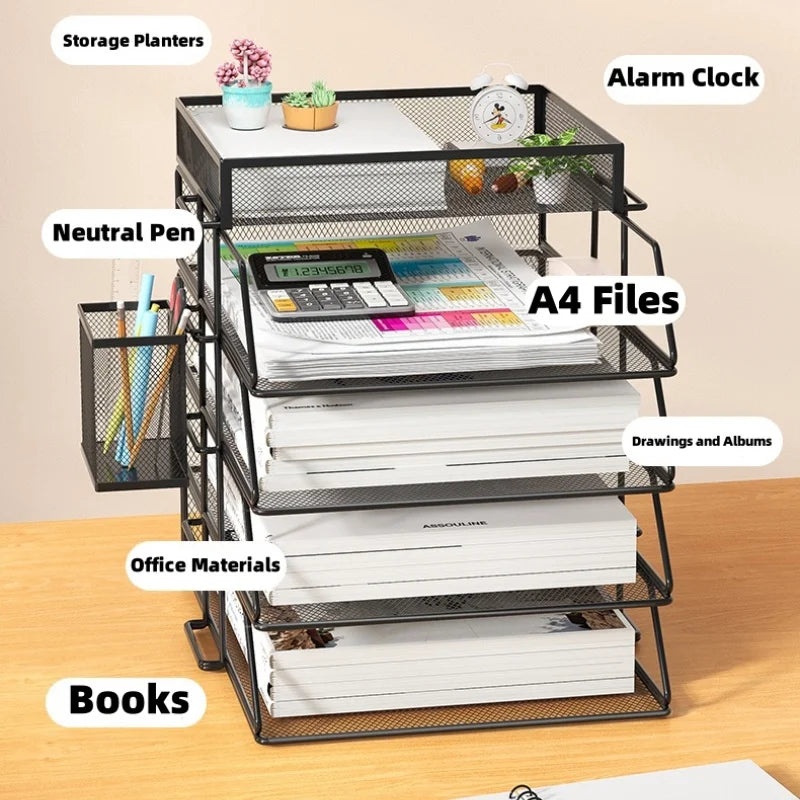 Mesh Metal Desk Organizer with Multi-Tier Paper Trays and Pen Holder