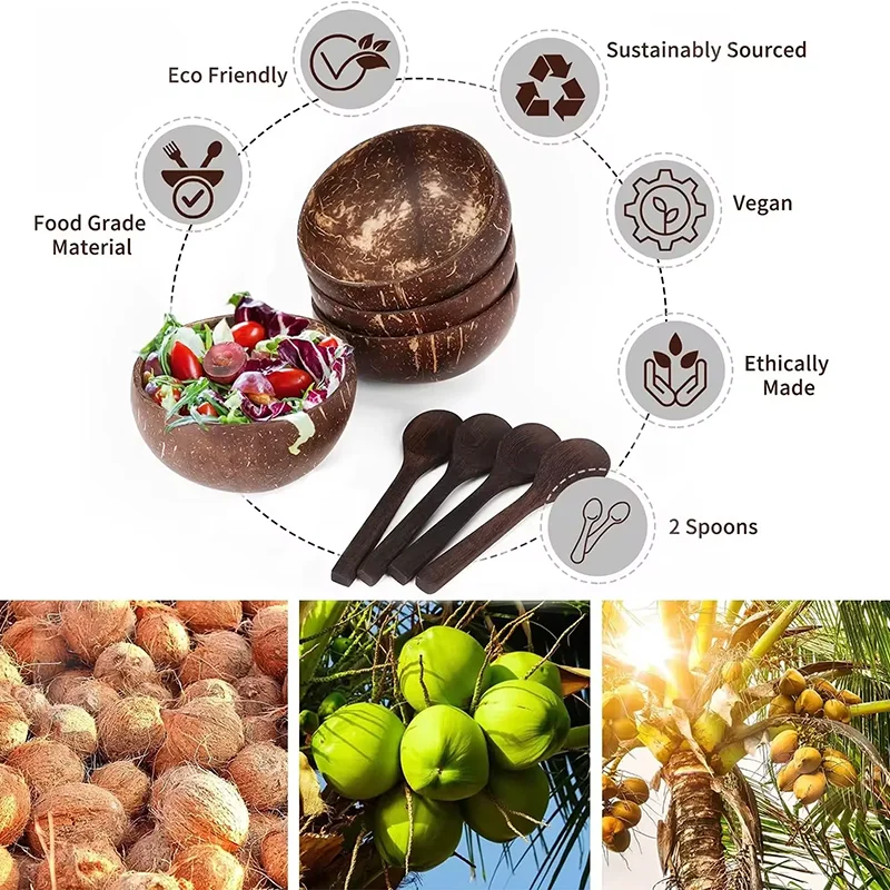 Icons highlighting eco-friendly, sustainably sourced, and vegan coconut bowls with wooden spoons