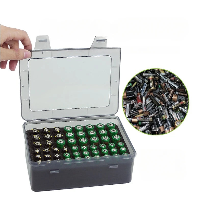 Hand opening a gray battery storage case filled with AA and AAA batteries, with a comparison image showing loose batteries in a pile.