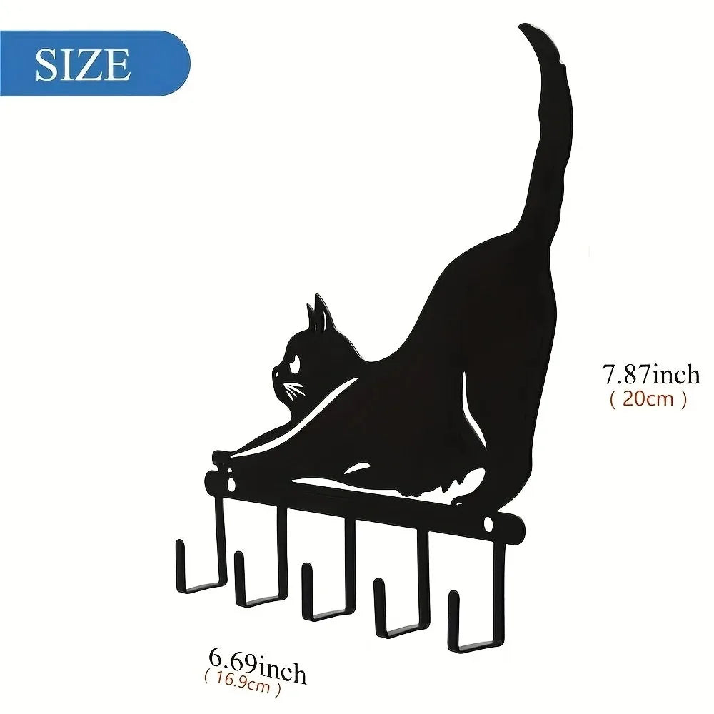 Black cat metal key holder measured as 7.87 inches tall and 6.69 inches wide with five hooks