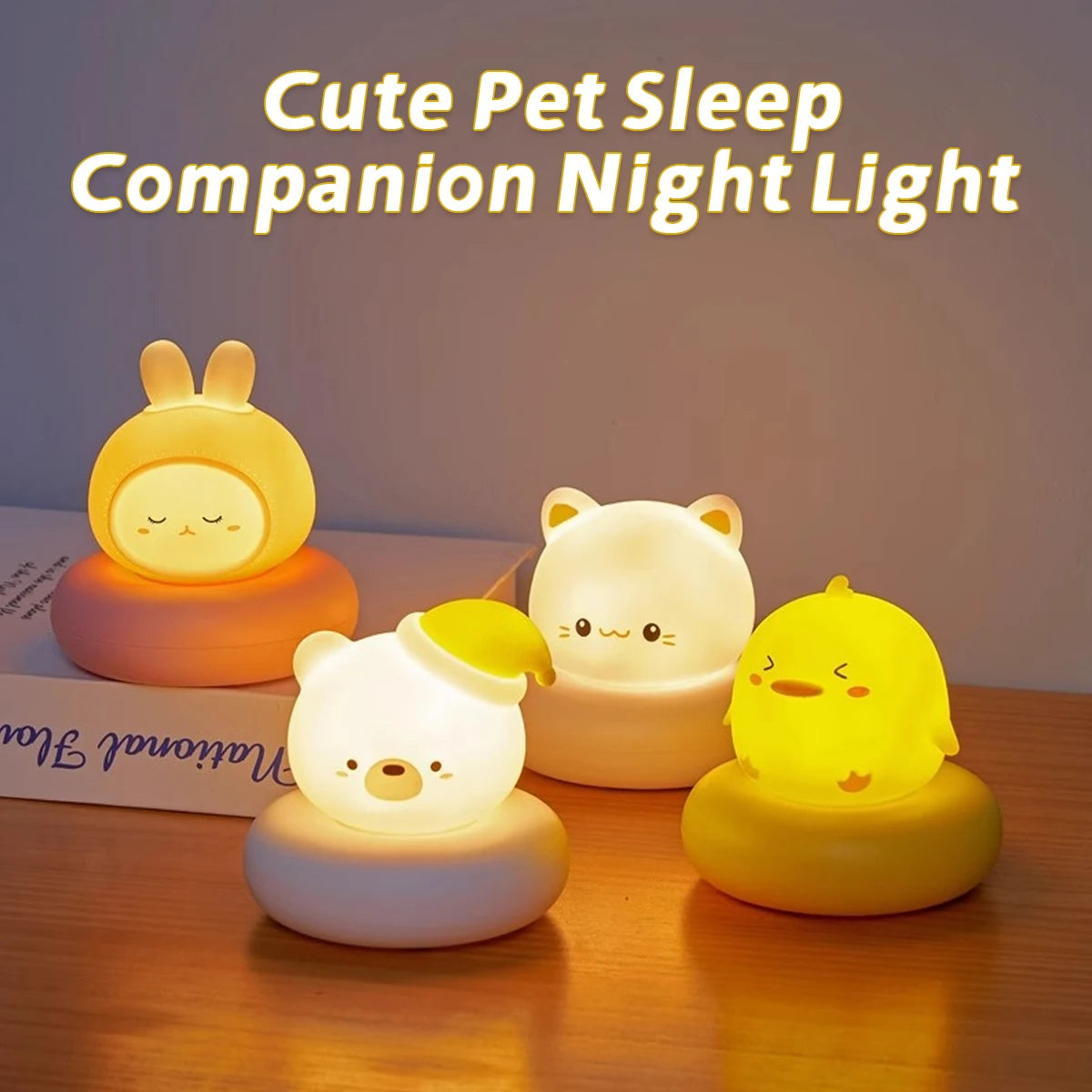Four animal-shaped LED night lights—rabbit, bear, cat, and duck—lit up on a tabletop