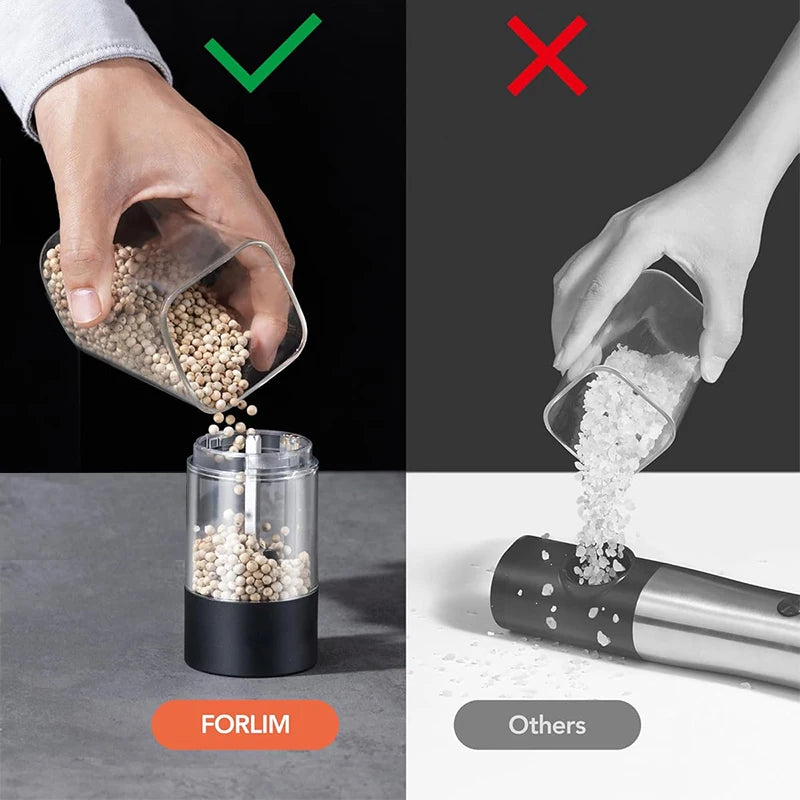 comparison image showing easy refill of spice grinder with hand and checked mark, versus a messy refill with an X