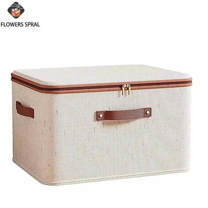 Foldable zippered storage box with lid and carrying handles in beige