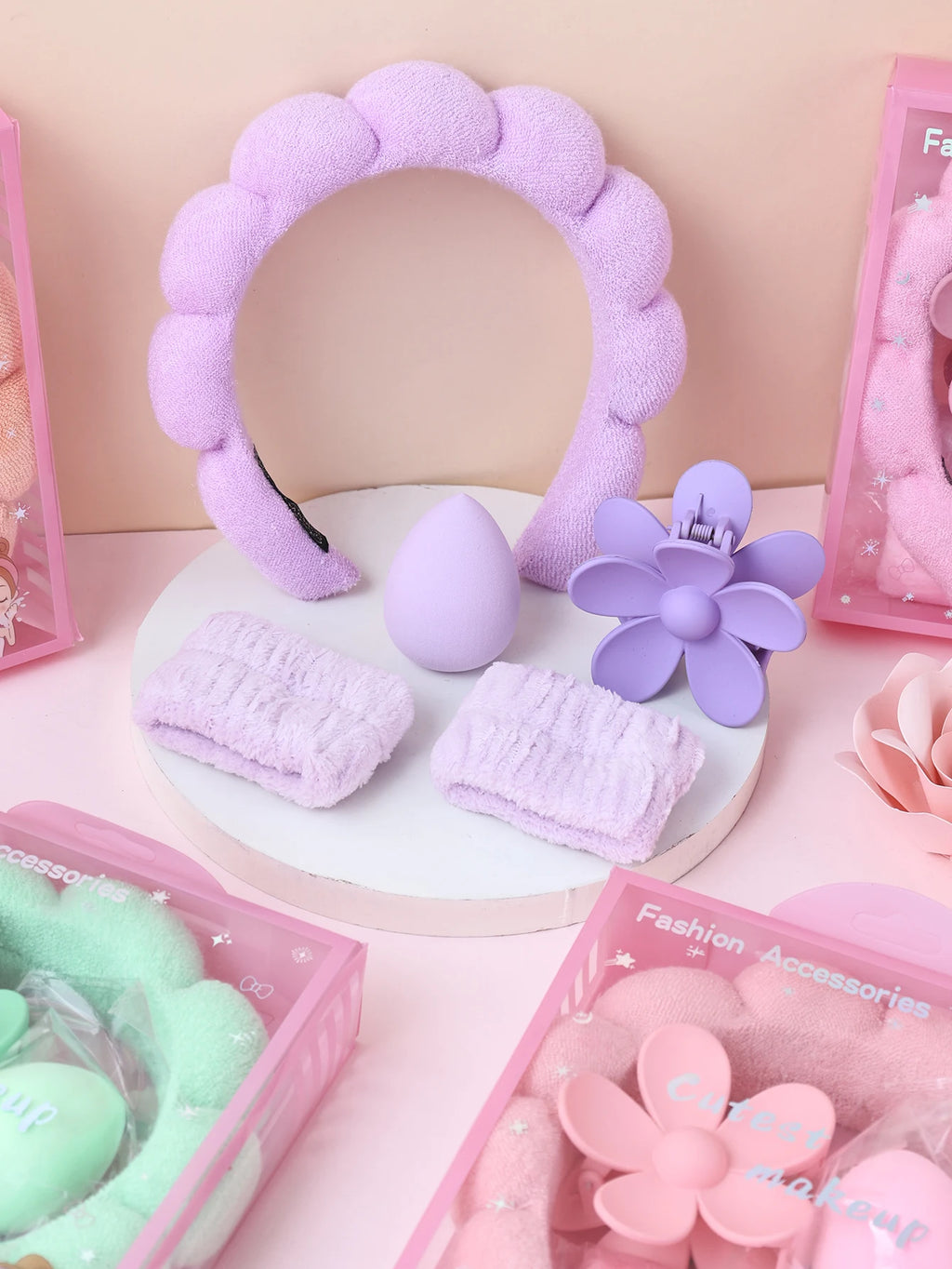 Pastel headband and wristband gift sets with flower claw clips in assorted colors