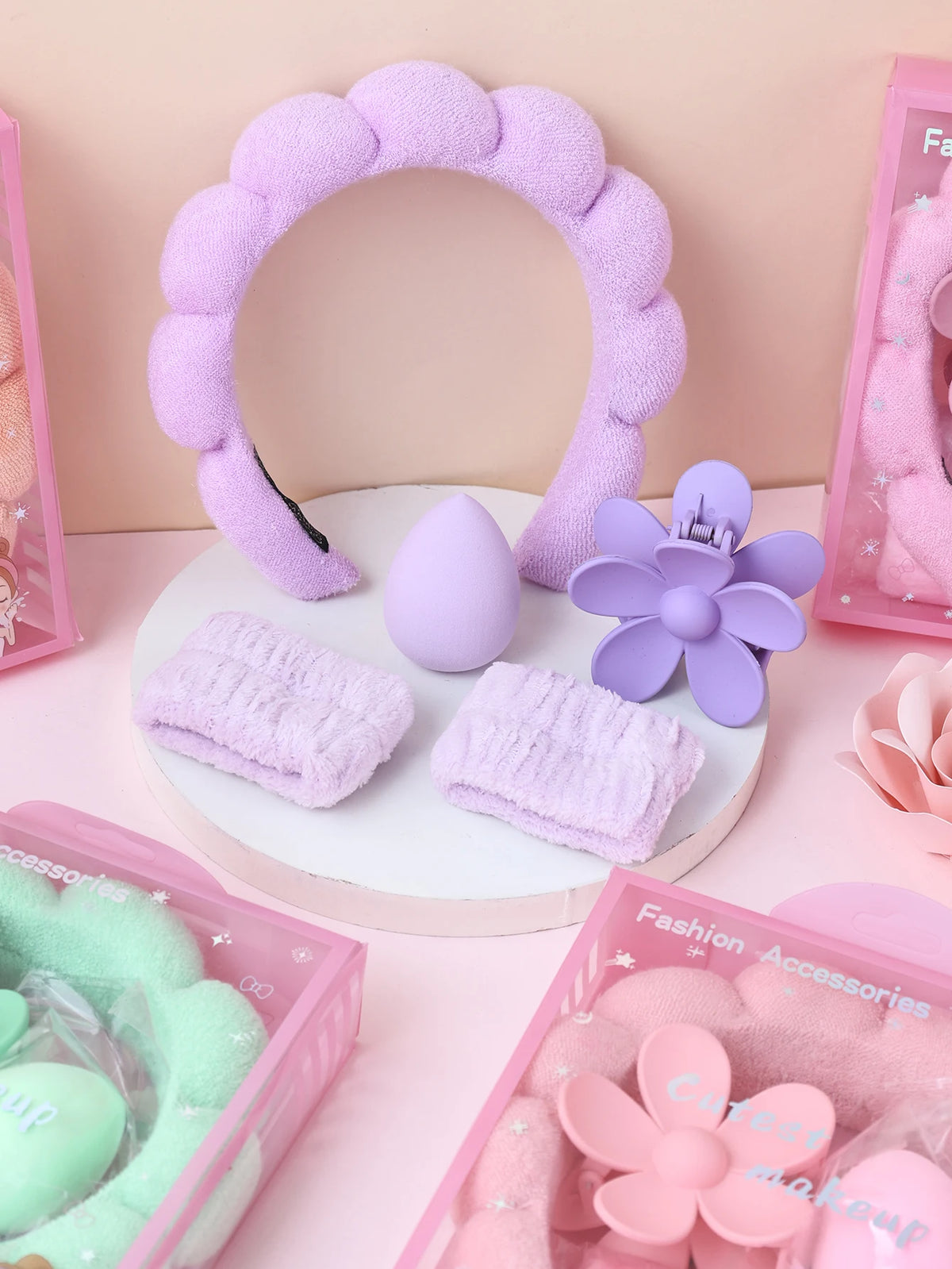 Pastel headband and wristband gift sets with flower claw clips in assorted colors