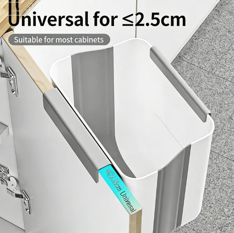 Open wall-mounted kitchen trash bin hanging on cabinet door, suitable for doors up to 2.5 cm thick