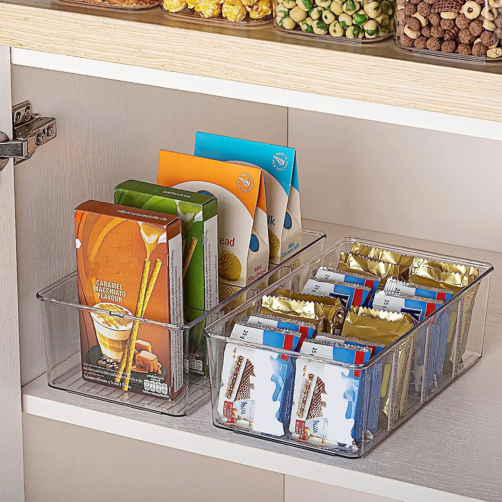 Clear 4-Compartment Pantry Organizer Bin with Removable Dividers for Kitchen, Fridge, or Cabinet