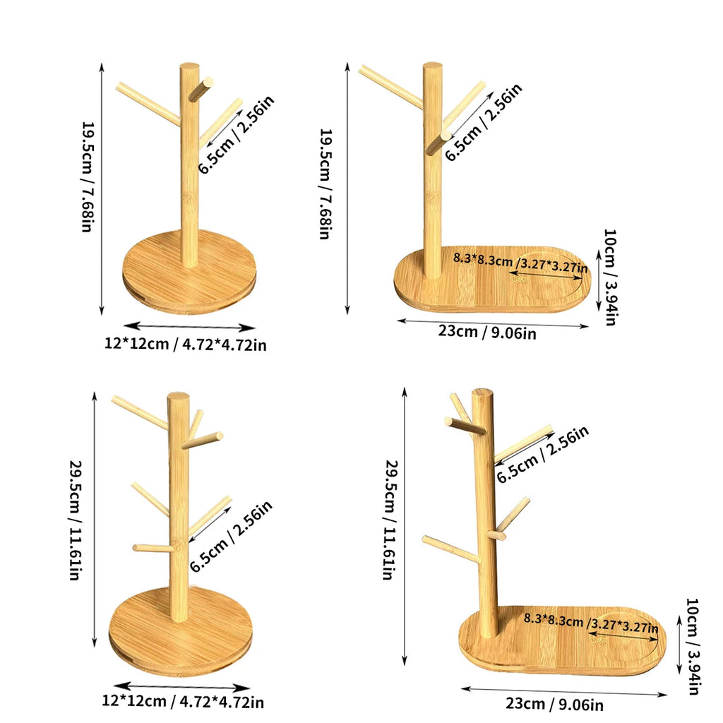 Four bamboo mug racks with size dimensions and round or oval bases