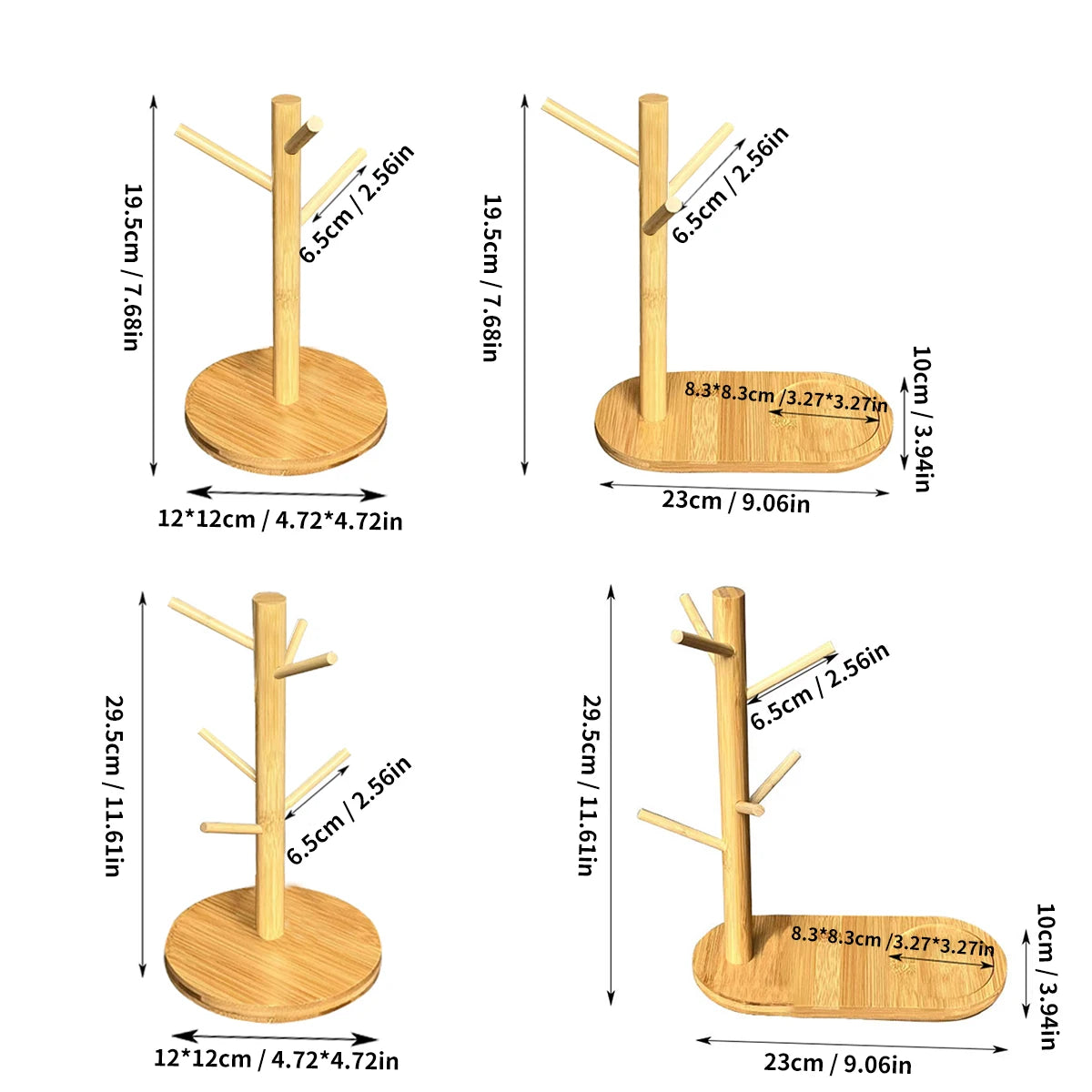 Four bamboo mug racks with size dimensions and round or oval bases