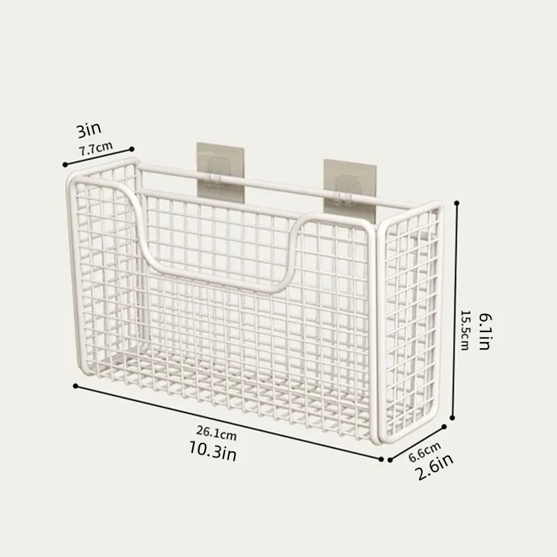 White iron cabinet door storage basket with visible size dimensions