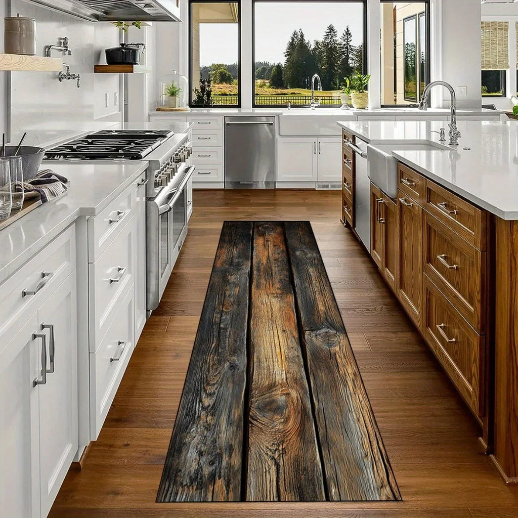 Realistic wood plank kitchen runner rug placed in a bright, modern kitchen with wood cabinets