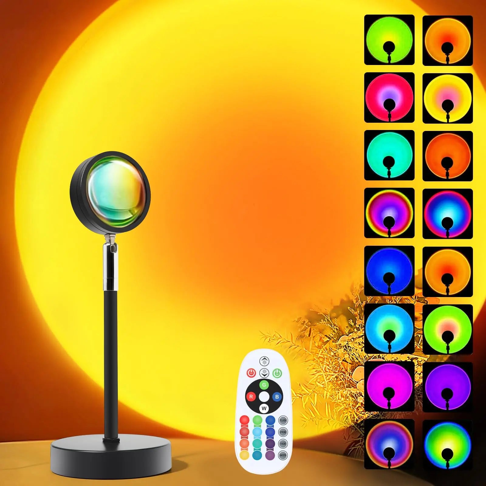 Black sunset projection lamp with remote showing 16 colorful lighting options against a warm wall
