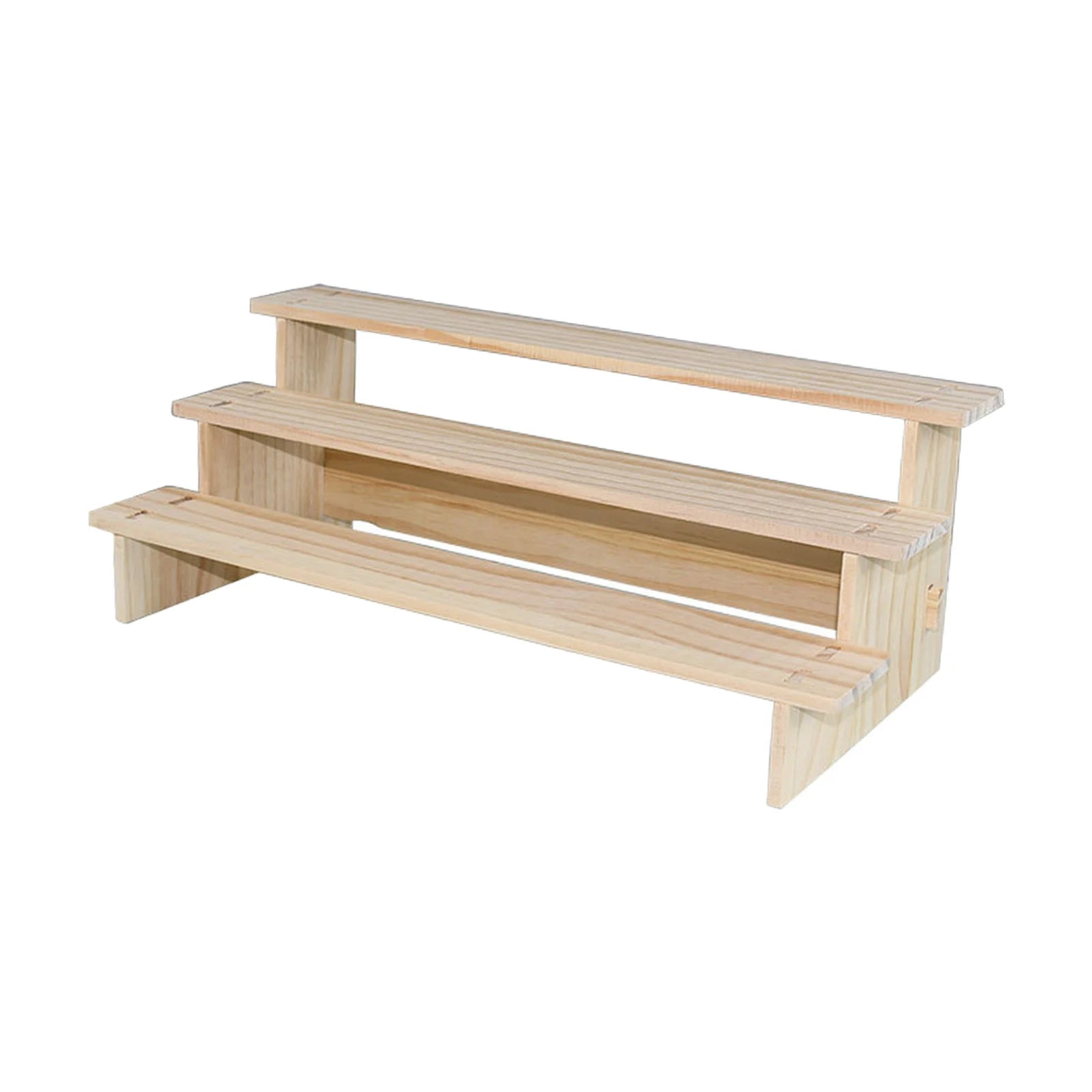 Three-tier rectangular wooden riser shelf suitable for countertop use