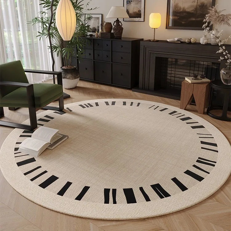 Harlow Minimalist Round Cream Rug with Black Line Pattern