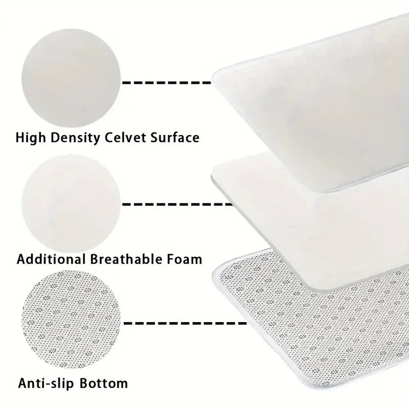 Illustration of the mat's three layers: high-density velvety surface, inner foam, anti-slip bottom