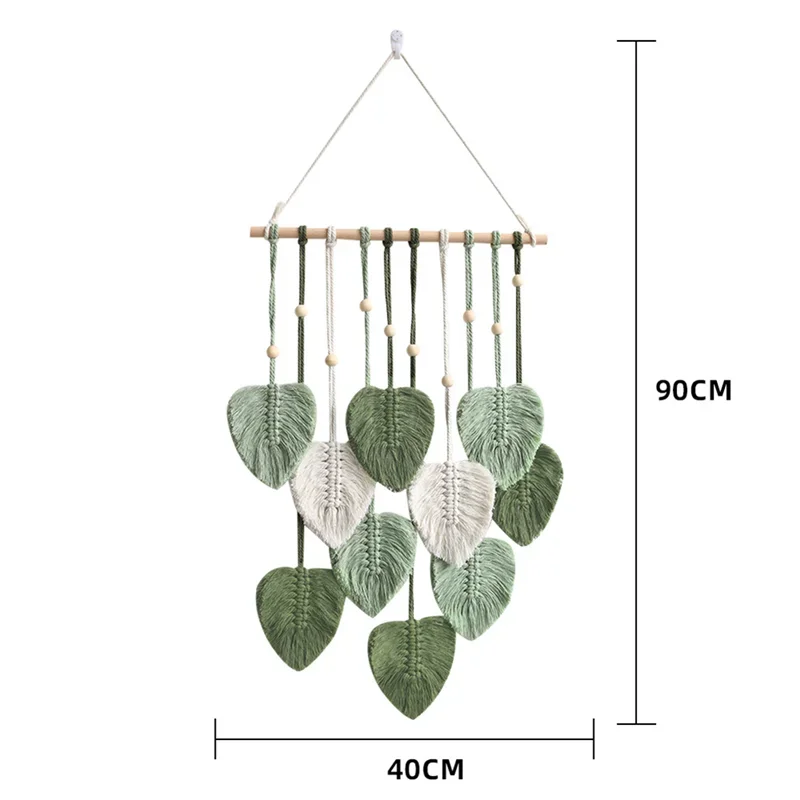 Leaf macrame wall hanging with clear dimensions, showing size of 90cm by 40cm