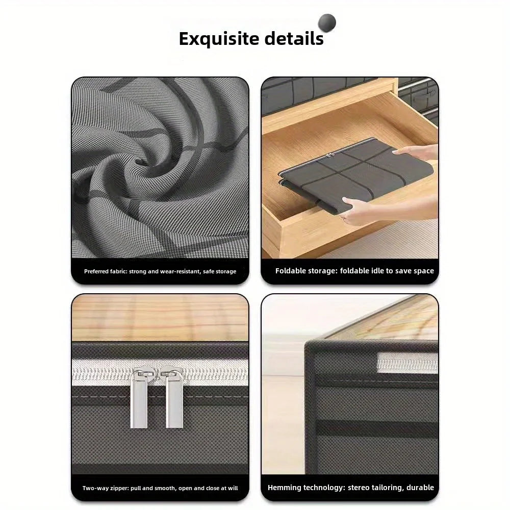 Close-up of fabric, foldable design, zippers, and stitching details of the under-bed storage bin