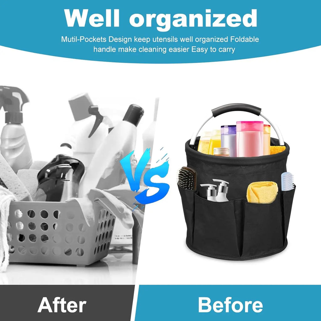 Comparison graphic highlighting organization with cleaning caddy and ordinary basket