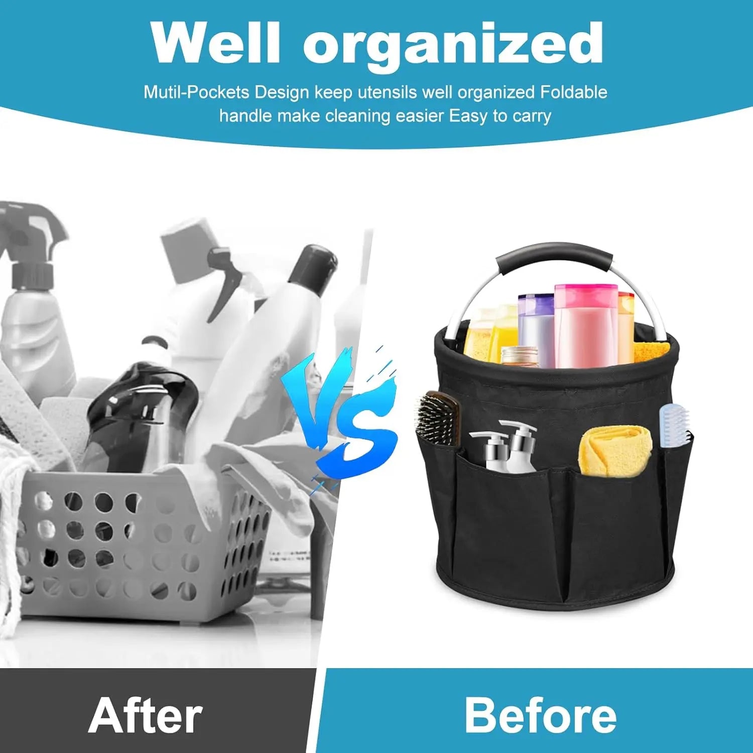 Comparison graphic highlighting organization with cleaning caddy and ordinary basket