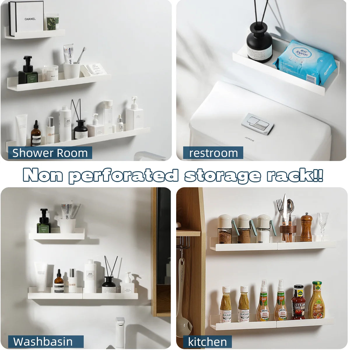 Slim White Self-Adhesive Wall Shelf for Bathroom, Kitchen & Bedroom Organization – Plastic, Drill-Free, 27cm
