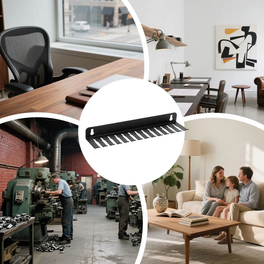 Multi-scene collage showing the steel cable rack used in different rooms including an office, workshop, and living room